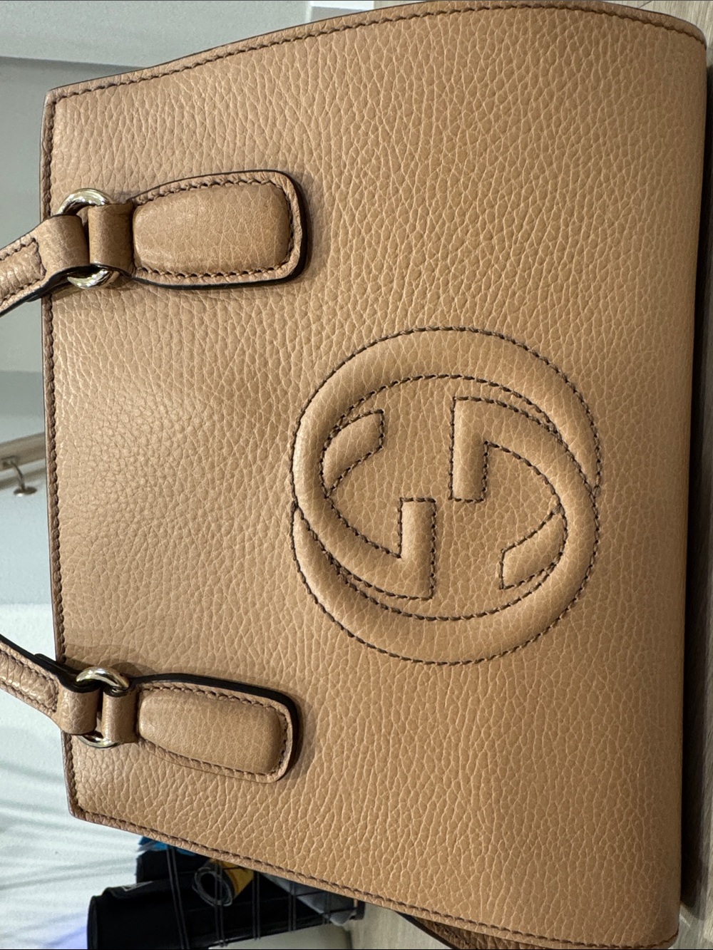 Gucci Soho Pebbled Leather convertible Top-Handle Satchel in Camel Tan - Picture 5 of 15